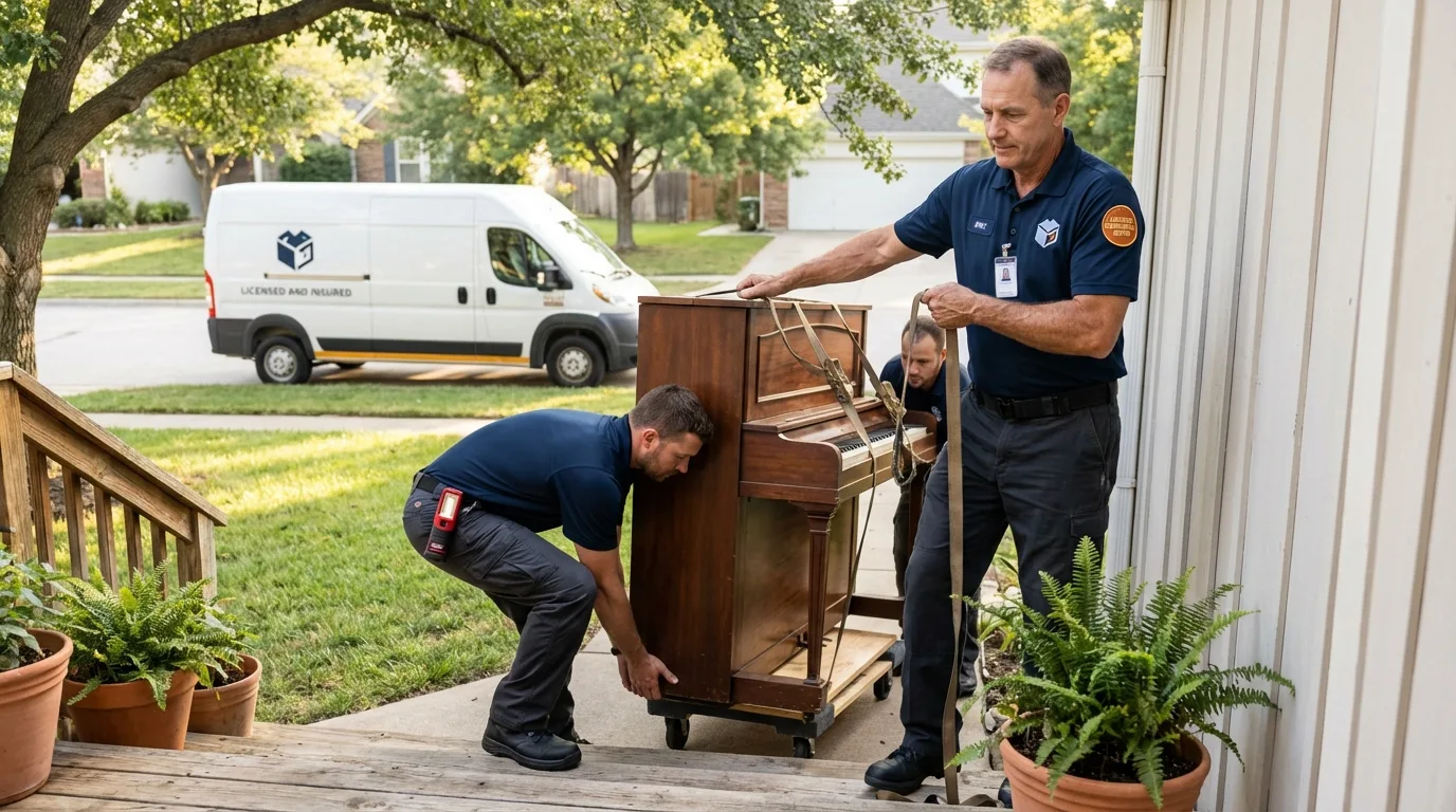 Licensed piano movers securing grand piano in Stuarts Draft, VA