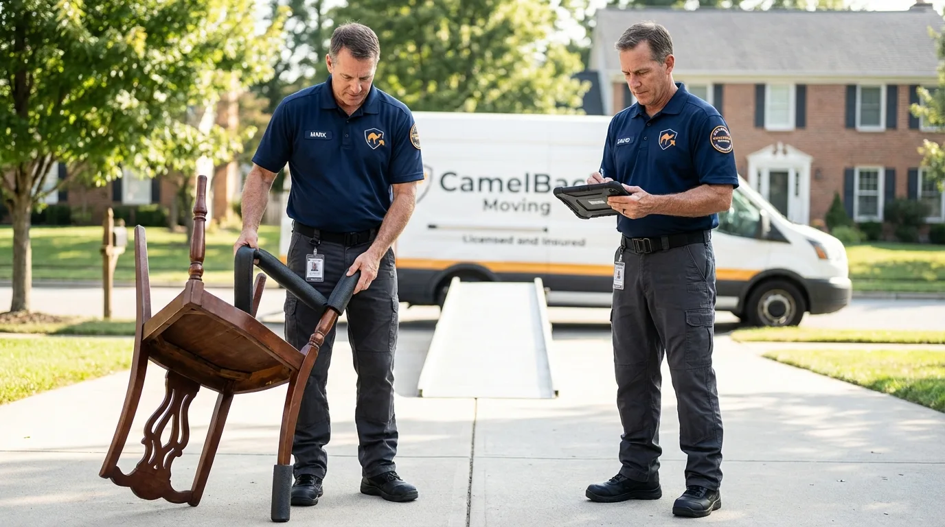 Movers inspecting furniture for damage prevention before loading in Stuarts Draft, VA