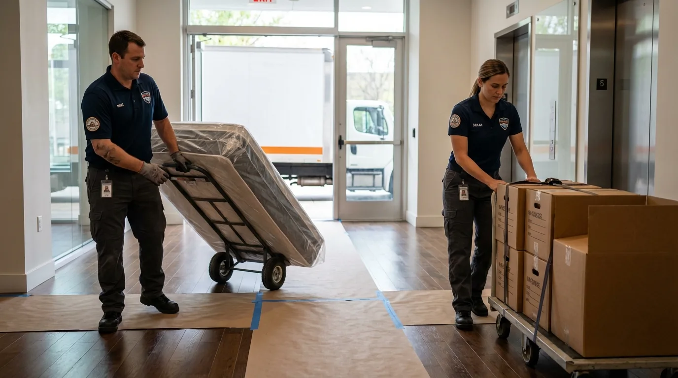Professional apartment movers loading elevator in Stuarts Draft, VA