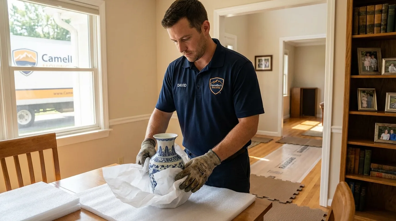 Professional crew carefully wrapping antique vase for senior downsizing move in Stuarts Draft, VA